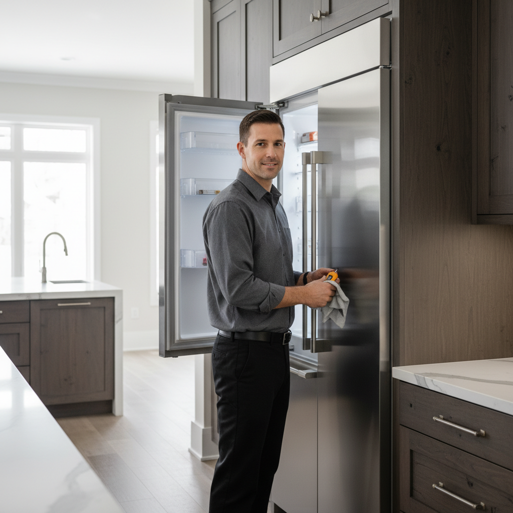 Professional technician inspecting a built-in refrigerator
